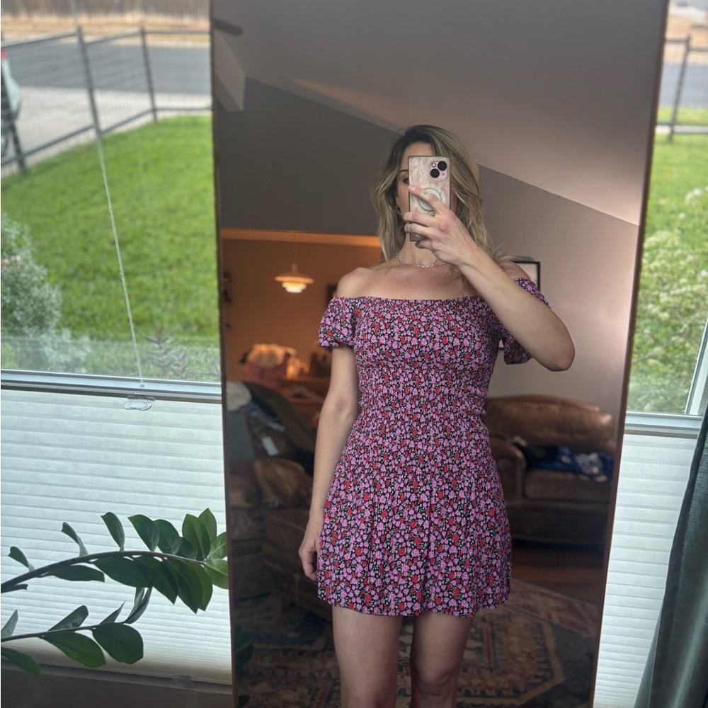 Lulu's Pink and Black Floral Off-Shoulder Mini Dress